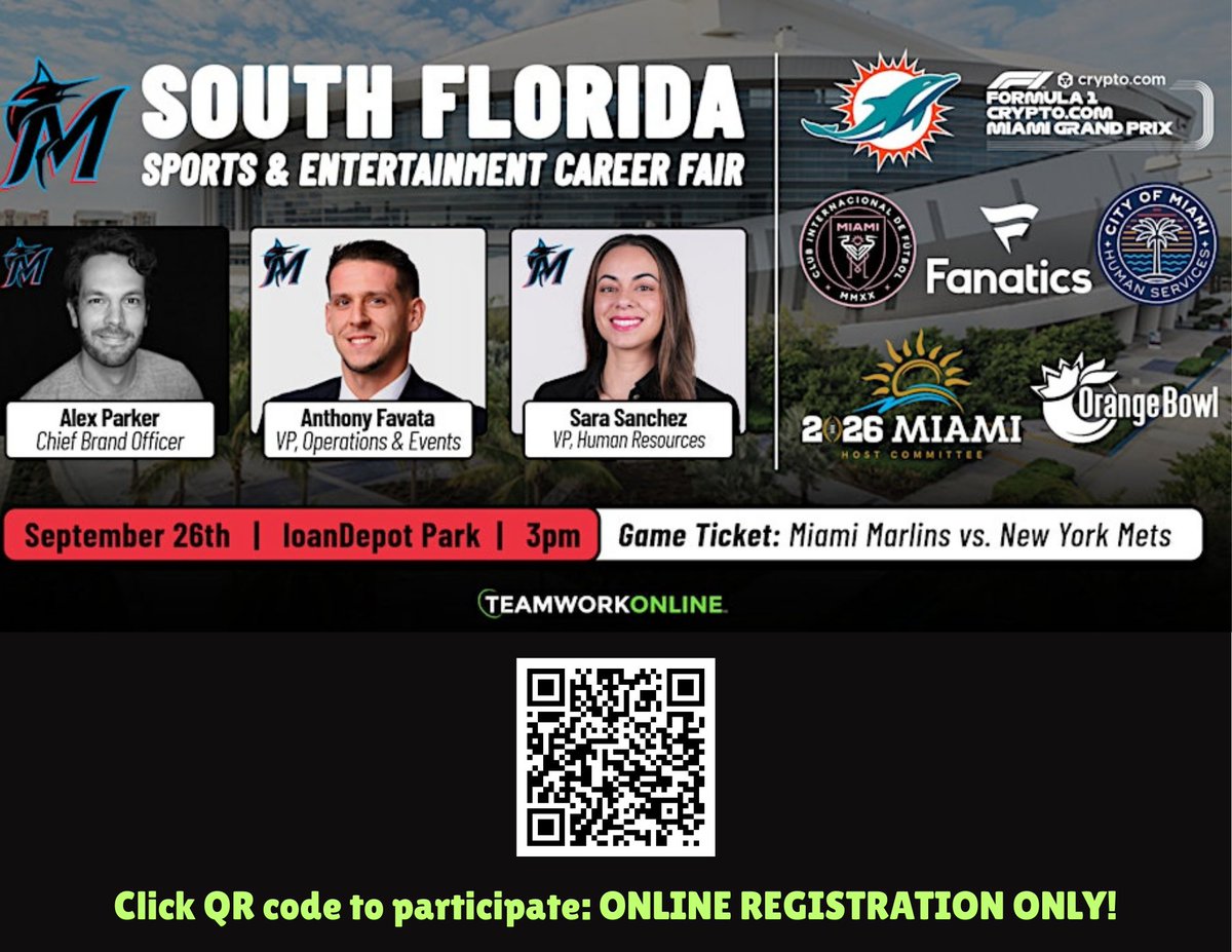 Ready to score your dream job in sports? Join us at the South Florida  Sports & Entertainment Career Fair! Hear from industry leaders and get a  free ticket to the Miami Marlins