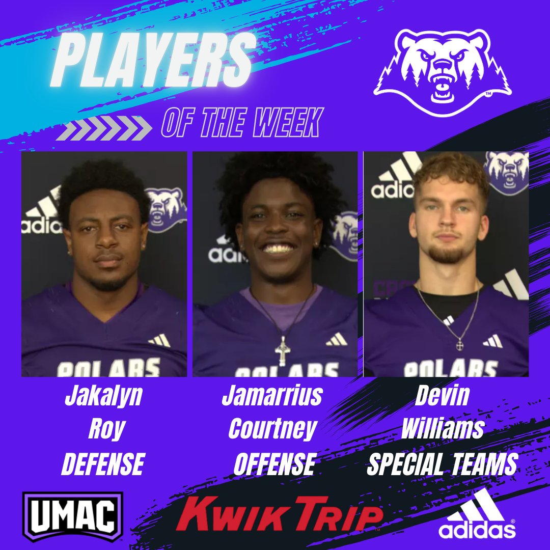 This week's Polars Players of the Week ❄️
 
🛡️Defense: Jakalyn Roy (DL)
⚡️Offense: Jamarrius Courtney (QB)
🔥Special Teams: Devin Williams (RB)

#BeDangerous | #CrownClimb