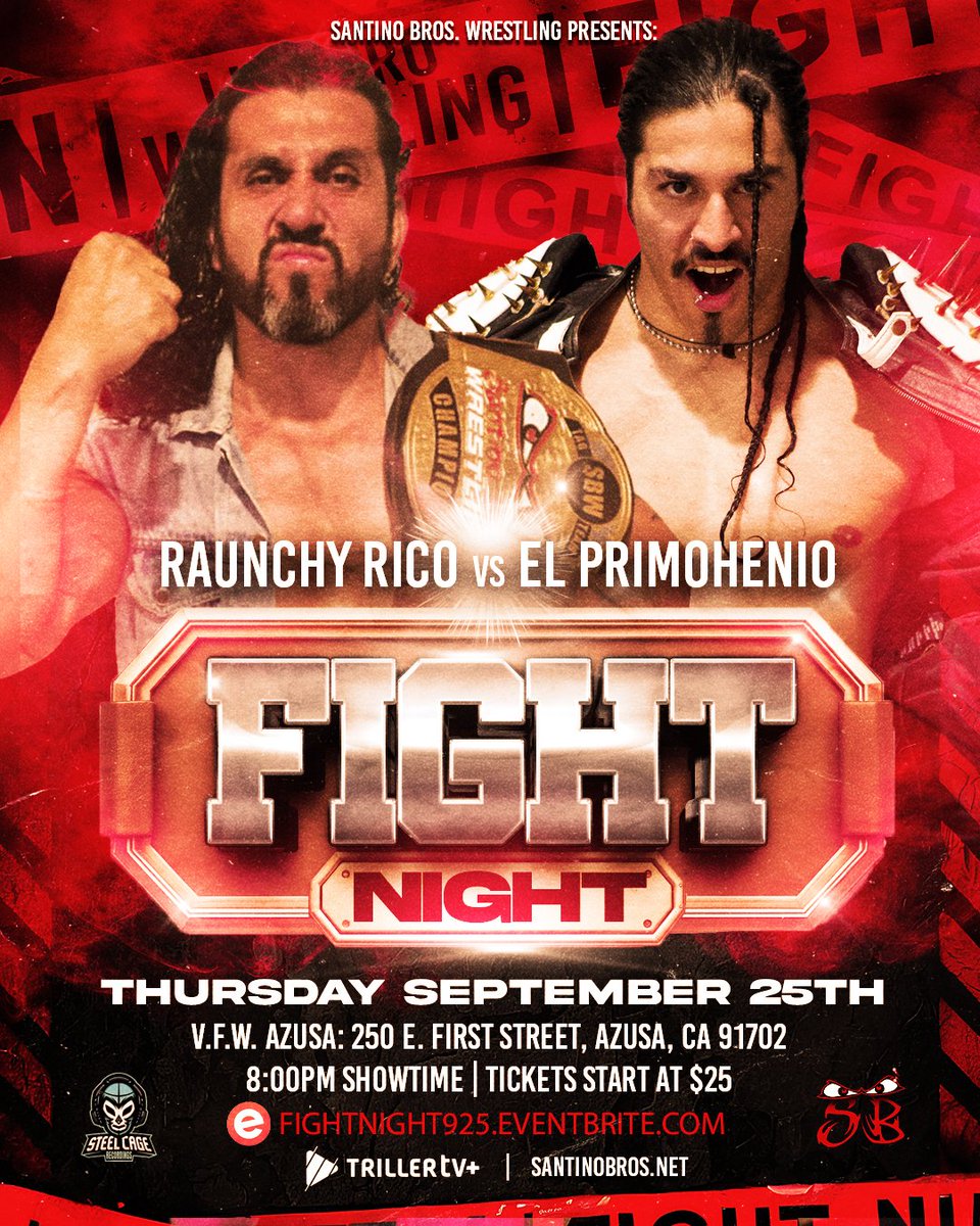 📢 ICYMI
RAUNCHY RICO vs EL PRIMOHENIO

👊 Tag champ Raunchy Rico throws down with the Biggest El Primohenio! Can EL Primohenio overcome the dirty tactics of Rico? 

🎟️ FIGHTNIGHT925.eventbrite.com
📺 trillertv.com/vl/p/santino-b…