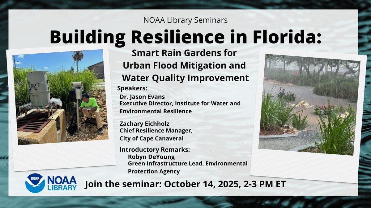 NOAA Library (@noaalibrary) on Twitter photo Building Resilience in Florida: Smart Rain Gardens for Urban Flood Mitigation and Water Quality Improvement
October 14th at 2pm ET
Register: vimeo.com/event/5383075
Hear about a collaborative success story and the Smart Rain Garden’s ability to manage stormwater & reduce flooding Building Resilience in Florida: Smart Rain Gardens for Urban Flood Mitigation and Water Quality Improvement
October 14th at 2pm ET
Register: vimeo.com/event/5383075
Hear about a collaborative success story and the Smart Rain Garden’s ability to manage stormwater & reduce flooding