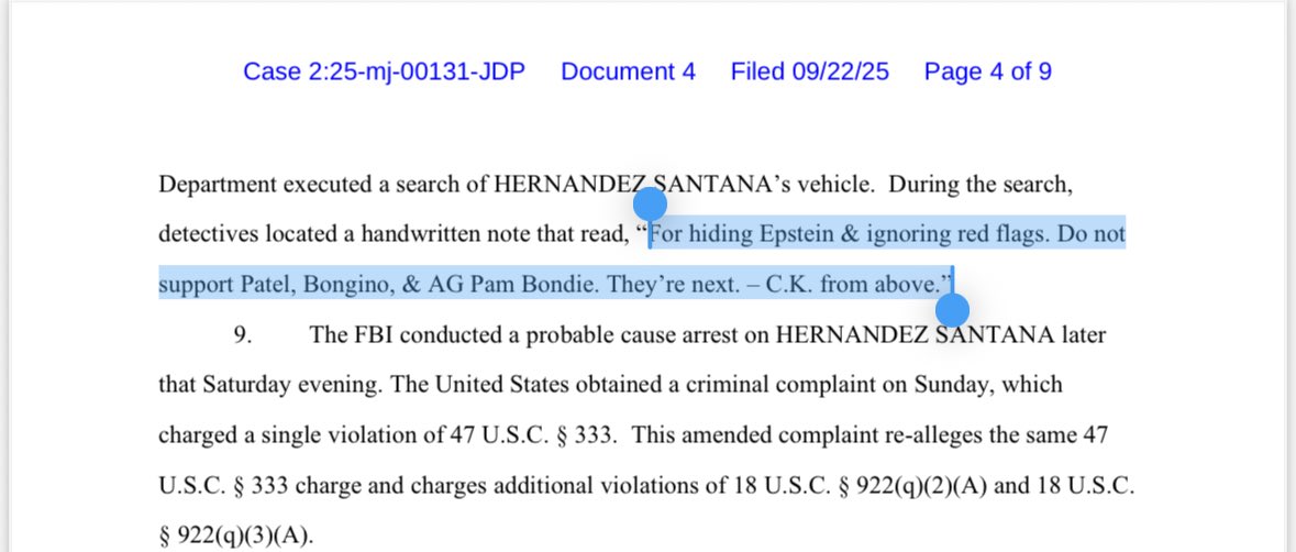 Federal complaint against man accused of shooting at ABC affiliate in Sacramento says handwritten note was found in his car: 

“For hiding Epstein &amp; ignoring red flags. Do not support Patel, Bongino, &amp; AG Pam Bondie. They’re next. – C.K. from above”
kcra.com/article/sacram…