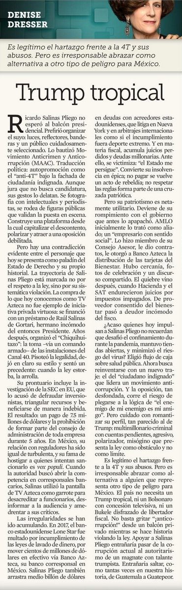 Mauricio SánchezMeza (@mausmeza) on Twitter photo "El pais no necesita un Trump tropical, ni un Bolsonaro con concesión televisiva, ni un
Bukele disfrazado de libertador
fiscal."
<a href="/DeniseDresserG/">Denise Dresser</a> "El pais no necesita un Trump tropical, ni un Bolsonaro con concesión televisiva, ni un
Bukele disfrazado de libertador
fiscal."
<a href="/DeniseDresserG/">Denise Dresser</a>