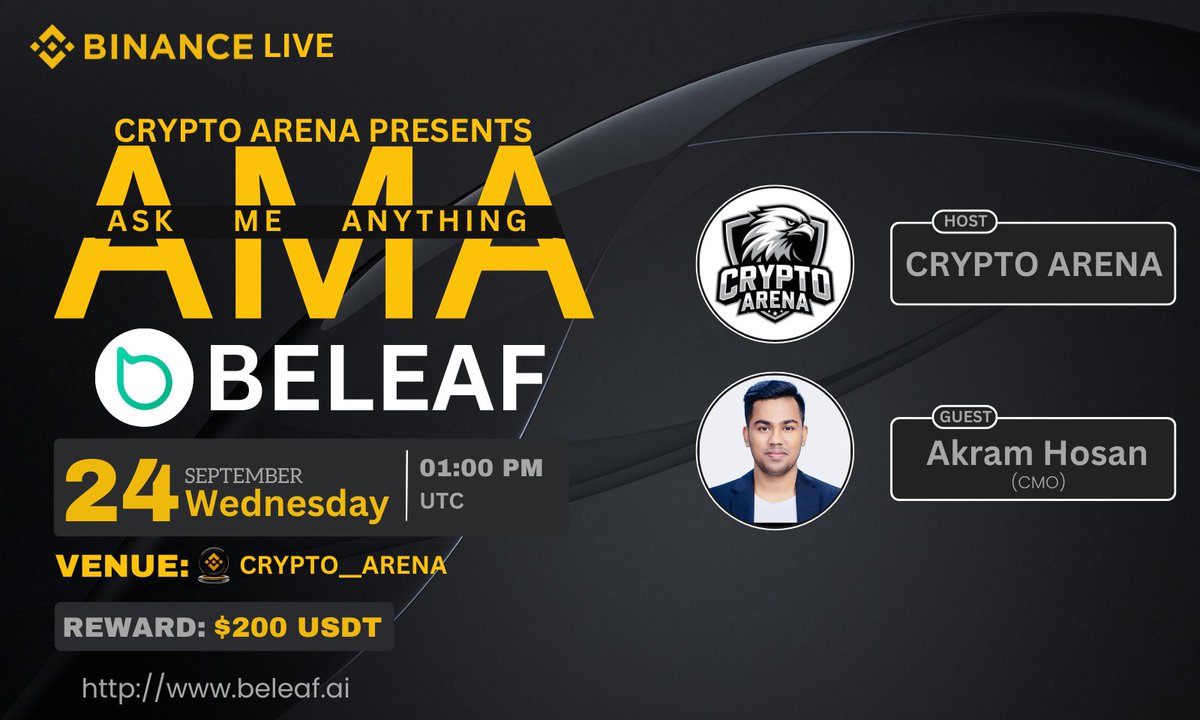 🎙️ Join us for the next <a href="/binance/">Binance</a> #Live AMA with BELEAF.

🕰️ 24th September at 01:00 PM UTC.
🏆 Prize ~ $200 USDT
🏘 Set reminder: binance.com/en/live/video?…

1⃣ Follow <a href="/CryptoArena_Co/">Crypto Arena Team</a> &amp; <a href="/BeleafAi/">AI-SmartFarm Beleaf</a>
2⃣ Like &amp; RT
#CRYPTOARENA #BELEAF #AMA #BINANCE_LIVE #NFA #DYOR