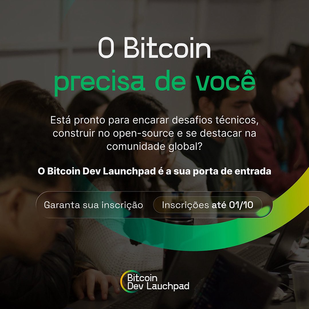 Vinteum (@vinteum_org) on Twitter photo O Bitcoin precisa de você. ⚡
O Launchpad é gratuito, intensivo e já abriu portas para devs que hoje colaboram em projetos globais.
📅 Inscrições até 01/10: vinteum.org/bdl O Bitcoin precisa de você. ⚡
O Launchpad é gratuito, intensivo e já abriu portas para devs que hoje colaboram em projetos globais.
📅 Inscrições até 01/10: vinteum.org/bdl