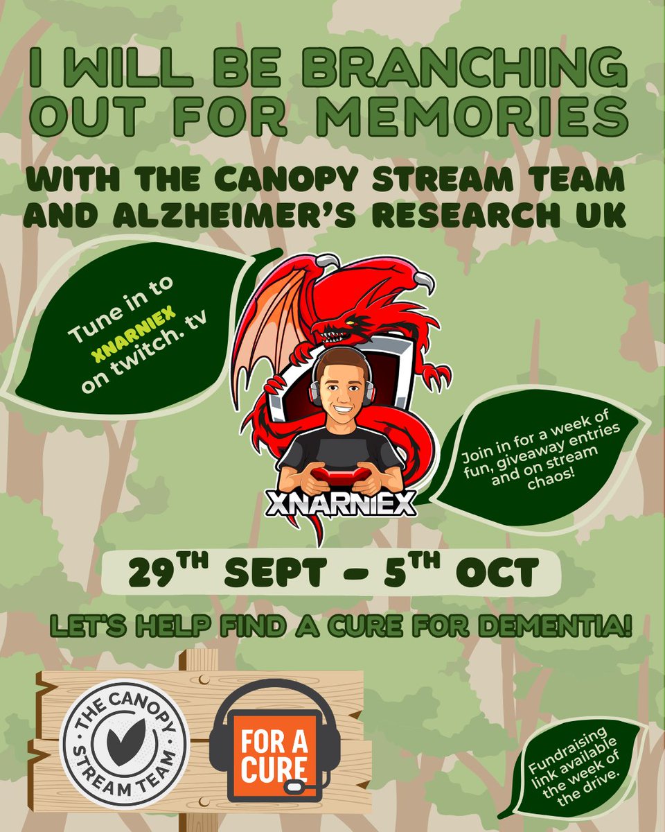 From 29th September, I’ll be joining
<a href="/The_Canopy_Team/">TheCanopyStreamTeam</a>
&amp; friends for a big fundraising event in support of
<a href="/AlzResearchUK/">Alzheimer's Research UK</a>
💜
I am sure you will agree this is such a fantastic charity and it is a pleasure to join such a great team  helping to raise during this fundraiser.