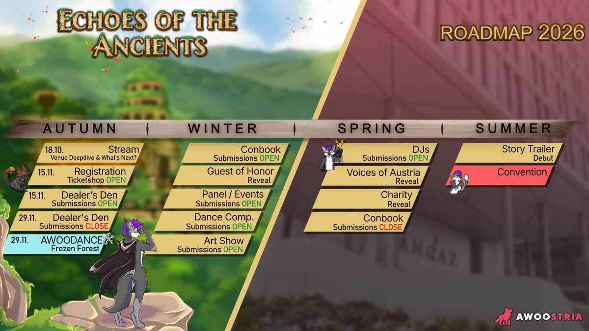 ✨ The Awoostria 2026 Roadmap is here! ✨

Look out for:
- Awoostria Whats Next? &amp; Venue Deepdive
(Stream 18/10/2025)

- Registration opening and Dealersden Submission opening (More Info on the stream)

- Awoodance❄️
(Dont have a Ticket yet? Get it here: awoodance.at)