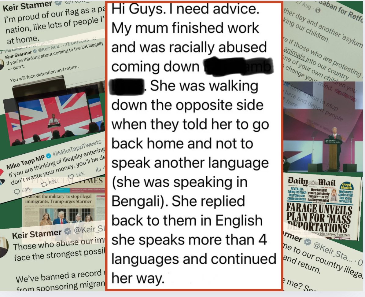 When grown men see fit to shout out at an elderly women to ‘go back home’, ‘speak English’, ‘stop talking gibberish’ something isn’t right.

Open racism is being normalised &amp; enabled by Westminster rhetoric. This has consequences in our towns, our communities &amp; for our residents