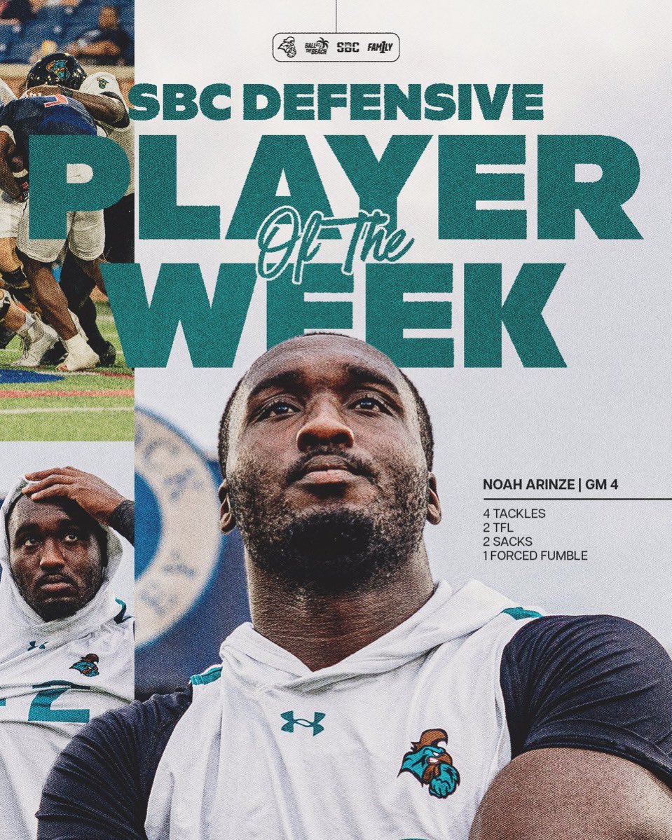 Congrats to <a href="/CoastalFootball/">Coastal Football</a> DE <a href="/ArinzeNoah/">NoahArinze</a> on being named this week’s Sun Belt Defensive Player of the Week

READ HERE ➡️goccusports.com/news/2025/9/21…