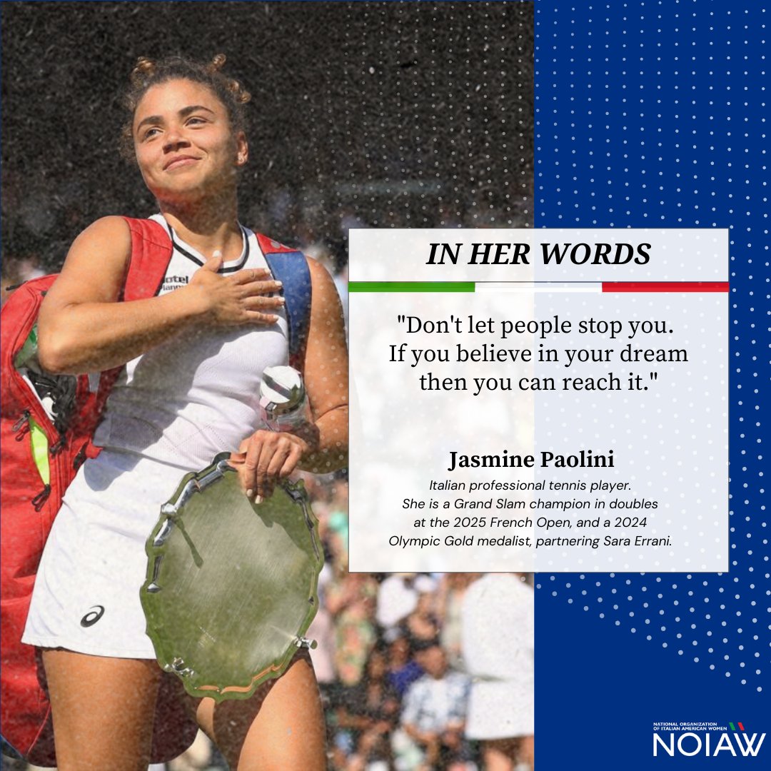 NOIAW's tweet image. &quot;Don&apos;t let people stop you. If you believe in your dream then you can reach it.&quot;
Jasmine Paolini, Italian professional tennis player. 
She is a Grand Slam champion in doubles at the 2025 French Open, and a 2024 Olympic Gold medalist, with Sara Errani. 
#InHERwords #empowerHER