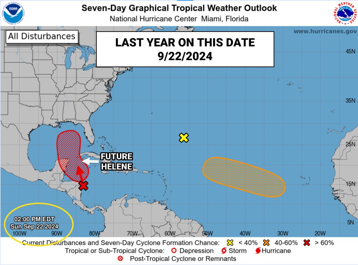 wxbrad's tweet image. This was the outlook for #Helene one year ago today. It hadn't formed yet, but we had an 80% chance of development with the disturbance that would become #Helene. #cltwx #ncwx #scwx #wcnc