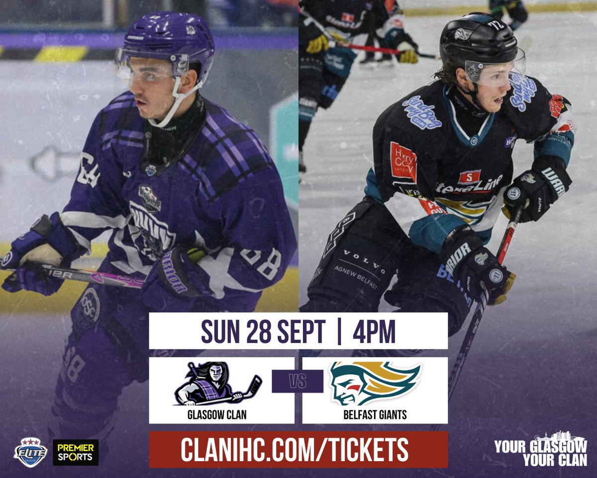 💜 SUNDAY HOCKEY IS BACK! 💜

🆚 Belfast Giants 
📅 Sun 28 Sept 
🕝 Doors 2:30pm | Face-off 4pm
📍 Braehead Arena
🏆 Challenge Cup

A Sunday afternoon showdown as we take on the Giants in Challenge Cup action! Perfect for the whole family – earlier face-off, Clangus on the loose,