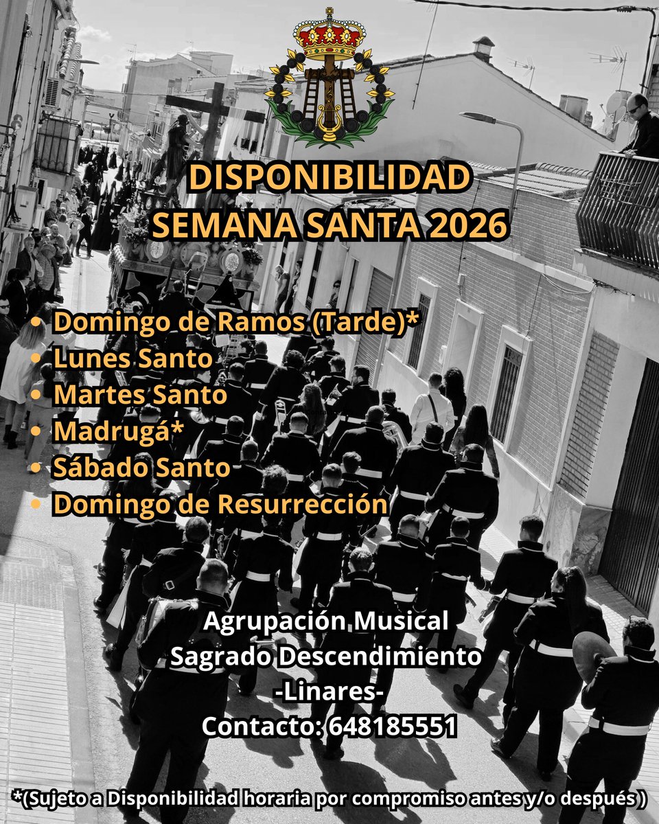 Disponibilidad Semana Santa 2026

Comenzamos una nueva Semana de ensayos, dejando la disponibilidad de nuestra formación para la próxima Semana Santa 

#46añossonandoalinares #DescendimientoyPenas #AMSagradoDescendimiento