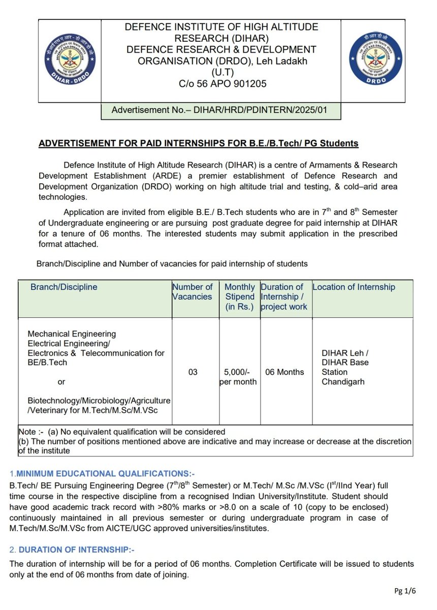 h_pongilath's tweet photo. Application are invited from eligible #BE/ #BTech students who are in 7th/8th Semester of Undergraduate #engineering or are pursuing post graduate degree for paid #internship at #DIHAR for a tenure of 06 months. Interested students may submit application in prescribed
format 👇 https://t.co/U6vnLBd5dU