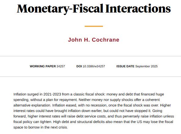 nberpubs's tweet image. Inflation surged over the period 2021 to 2023 from a classic fiscal shock. Higher interest rates cannot lower a future inflation without coordinated fiscal policy, from @JohnHCochrane nber.org/papers/w34257