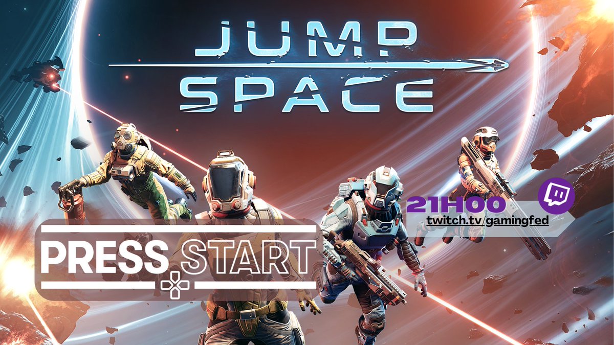 Ce soir #PressStart enfile sa combinaison de pirate de l'espace et Meteora &amp; <a href="/Gary_Niet/">Gary Niet</a> se préparent à aborder des vaisseaux, s'éjecter à des km dans le vide, looter des caisses et cuire des 🍕🍍. Rdv à 21h avec #JumpSpace, #earlyaccess plus que prometteur twitch.tv/gamingfed