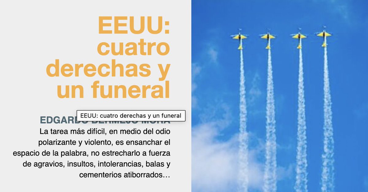 "La tarea más difícil, en medio del odio polarizante y violento, es ensanchar el espacio de la palabra, no estrecharlo a fuerza de agravios, insultos, intolerancias, balas y cementerios atiborrados de nuevos mártires". Escribe <a href="/edgardobermejo/">Edgardo Bermejo Mora</a>: literalmagazine.com/eeuu/