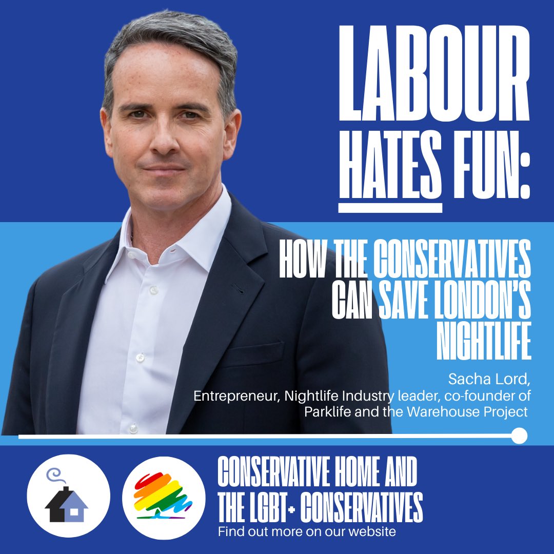 #LabourHatesFun: How the <a href="/Conservatives/">Conservatives</a> can save London’s nightlife.

A new panel at Tory Party Conference, with our good friends <a href="/ConHome/">ConservativeHome</a>. Sunday 2-3PM.

Our first announced speaker is an icon of nightlife, hospitality and festivals - <a href="/Sacha_Lord/">Sacha Lord</a>.

You won’t want to miss this.