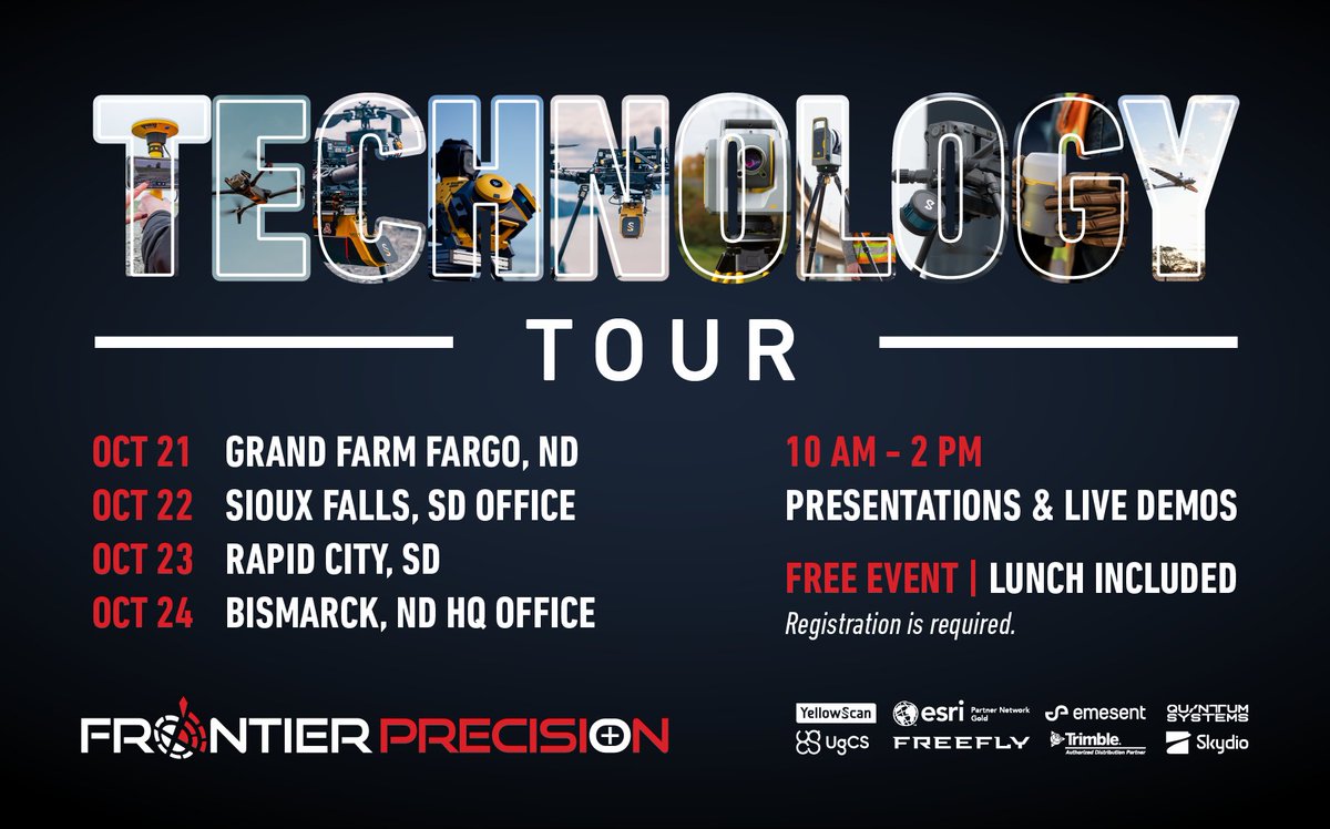 Join us for our Technology Tour - October 21-24, 2025 across North and South Dakota! This event is FREE with presentations, live demos, and more!

Learn More &amp; Register Here: ow.ly/vvIR50X0mc9

#frontierprecision #trimble #drones #unmanned #survey