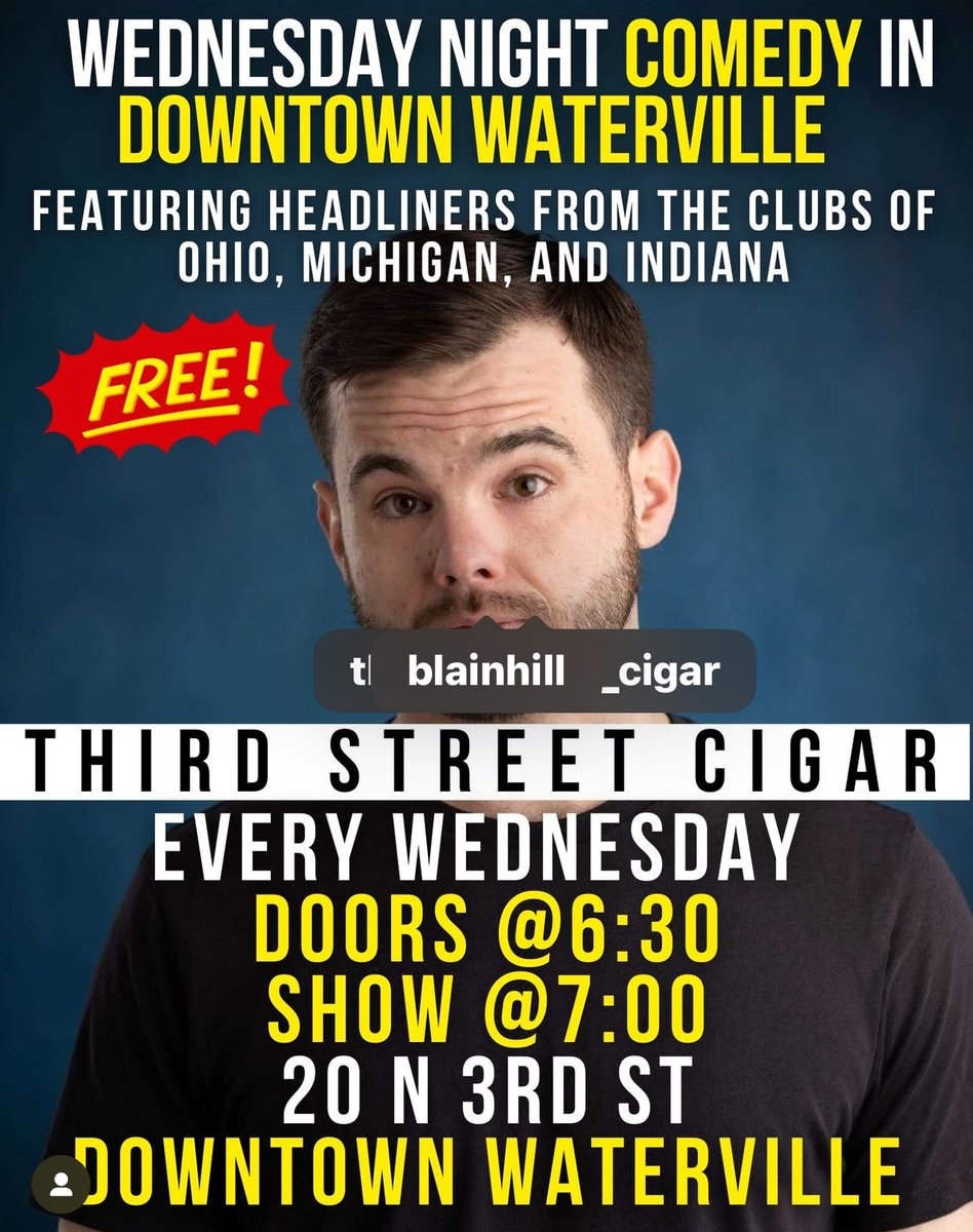This Wednesday night in Waterville we've got half-off whiskey and wine AND one of Michigan's most talented comedians!

 #ThirdStreetCigar #WatervilleComedy #LiveStandup #ComedyNightOut #WineAndWhiskey #SupportLiveComedy #SupportLocalBusiness #Cigar #Laugh #Relax