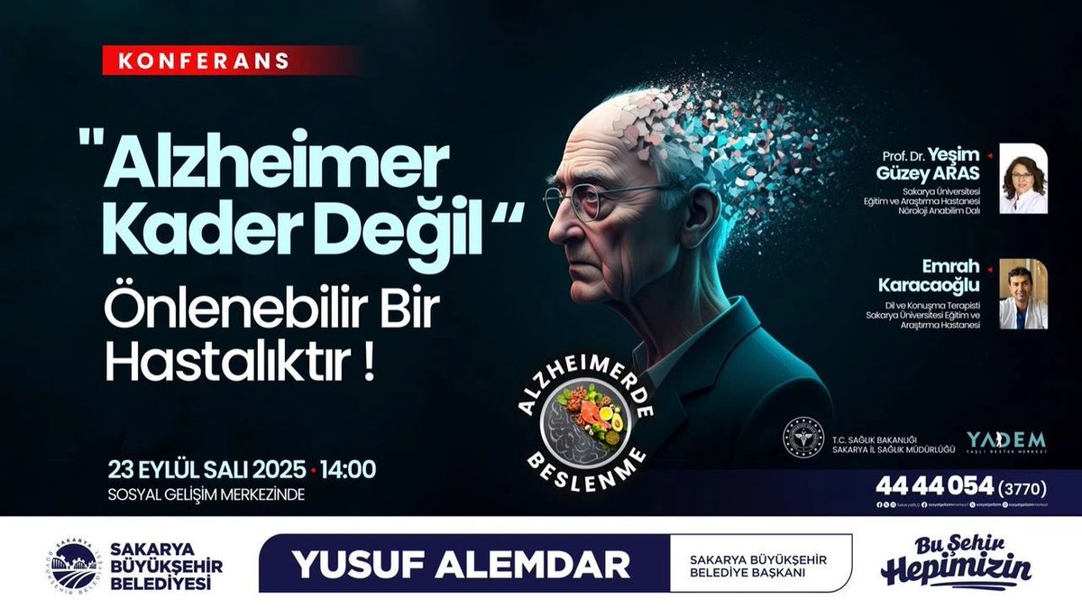 23 Eylül Salı günü saat 14.00’te Sosyal Gelişim Merkezi’nde; Prof. Dr. Yeşim Güzey Aras ile Dil ve Konuşma Terapisti Emrah Karacaoğlu; Alzheimer’in önlenmesinde beslenme ve sağlıklı yaşam alışkanlıklarının önemi
https:/www.halk54.com/alzheimer-hastalığı-konusulacak