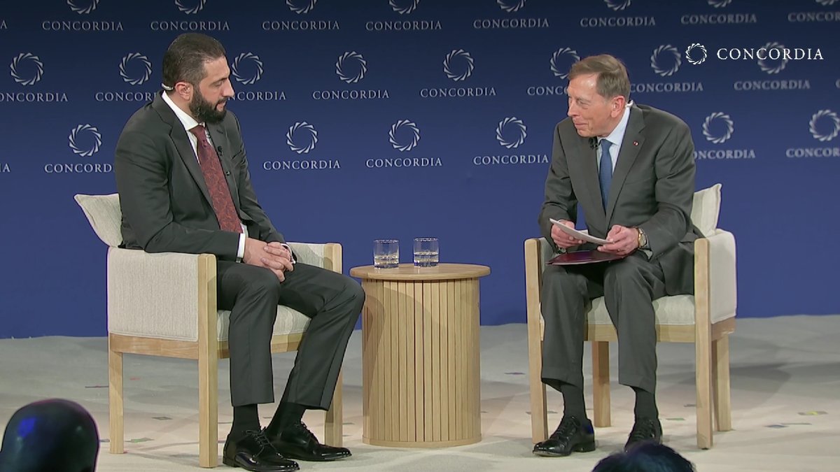 sdgcounting's tweet image. "We have moved from combat to discourse -- a person who went through war is one who knows the importance of peace."

-Ahmed al-Sharaa, President of Syria in a conversation with former adversary David Patraeus during #Concordia25

Halfway through the Monday of #GlobalGoalsWeek and…