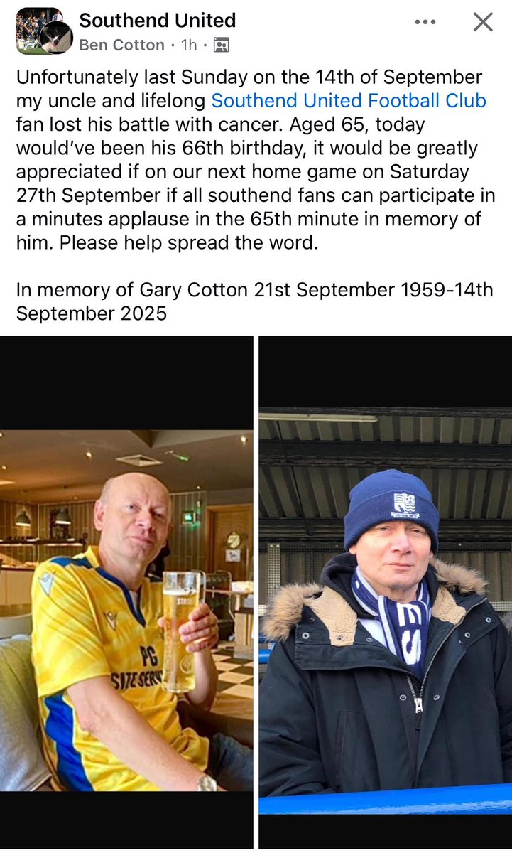 Original post isn’t mine - spreading the word. 

I sat with Gary at home games for over 20 years and travelled up and down the country with him and my parents, following Blues. RIP Gary 

<a href="/SUFCRootsHall/">Southend United FC</a> <a href="/SUFCOfficial/">Scunthorpe United FC</a> <a href="/CJPhillips1982/">Chris Phillips</a>