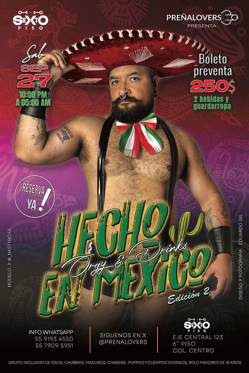 SeXtO Piso (@sextopiso_mx) on Twitter photo ¡ESTE SÁBADO: HECHO EN MÉXICO por <a href="/PrenaLovers/">PreñaLovers</a> ! 🇲🇽😈
🔥 Una noche mexicana solo para hombres en el mejor club de encuentros de la CDMX.
⏰ De 10pm a 5am.
📲 Reserva ya tu boleto por WhatsApp, números en el flyer.
Solo mayores de edad, ¡vente con nosotros! 💦 ¡ESTE SÁBADO: HECHO EN MÉXICO por <a href="/PrenaLovers/">PreñaLovers</a> ! 🇲🇽😈
🔥 Una noche mexicana solo para hombres en el mejor club de encuentros de la CDMX.
⏰ De 10pm a 5am.
📲 Reserva ya tu boleto por WhatsApp, números en el flyer.
Solo mayores de edad, ¡vente con nosotros! 💦
