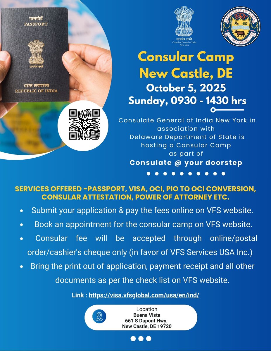 IndiainNewYork's tweet photo. Consulate@YourDoorstep! #ConsularCamp
Consular Facilitation Camp at New Castle, DE on October 5, 2025 between 9:30AM and 2:30PM
For more information - https://t.co/uIKqa9oiH9
@MEAIndia @IndianEmbassyUS @IndianDiplomacy https://t.co/ogZK4HpHmV