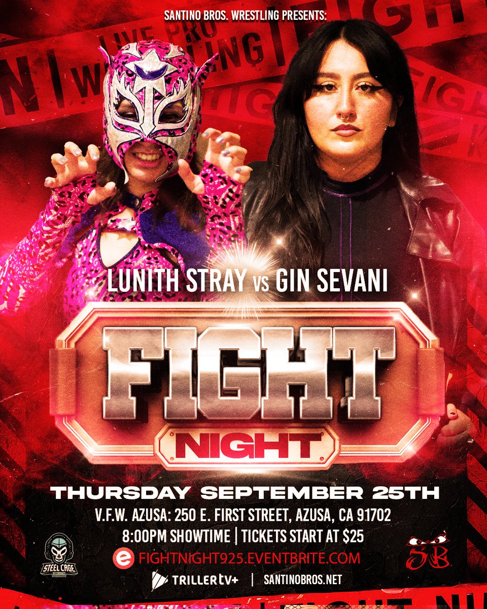 📢 ICYMI
LUNITH STRAY vs GIN SEVANI
🌙 The masked stray vs the SoCal hippie! A debut vs defiance at Fight Night.

🎟️ FIGHTNIGHT925.eventbrite.com
📺 trillertv.com/vl/p/santino-b…