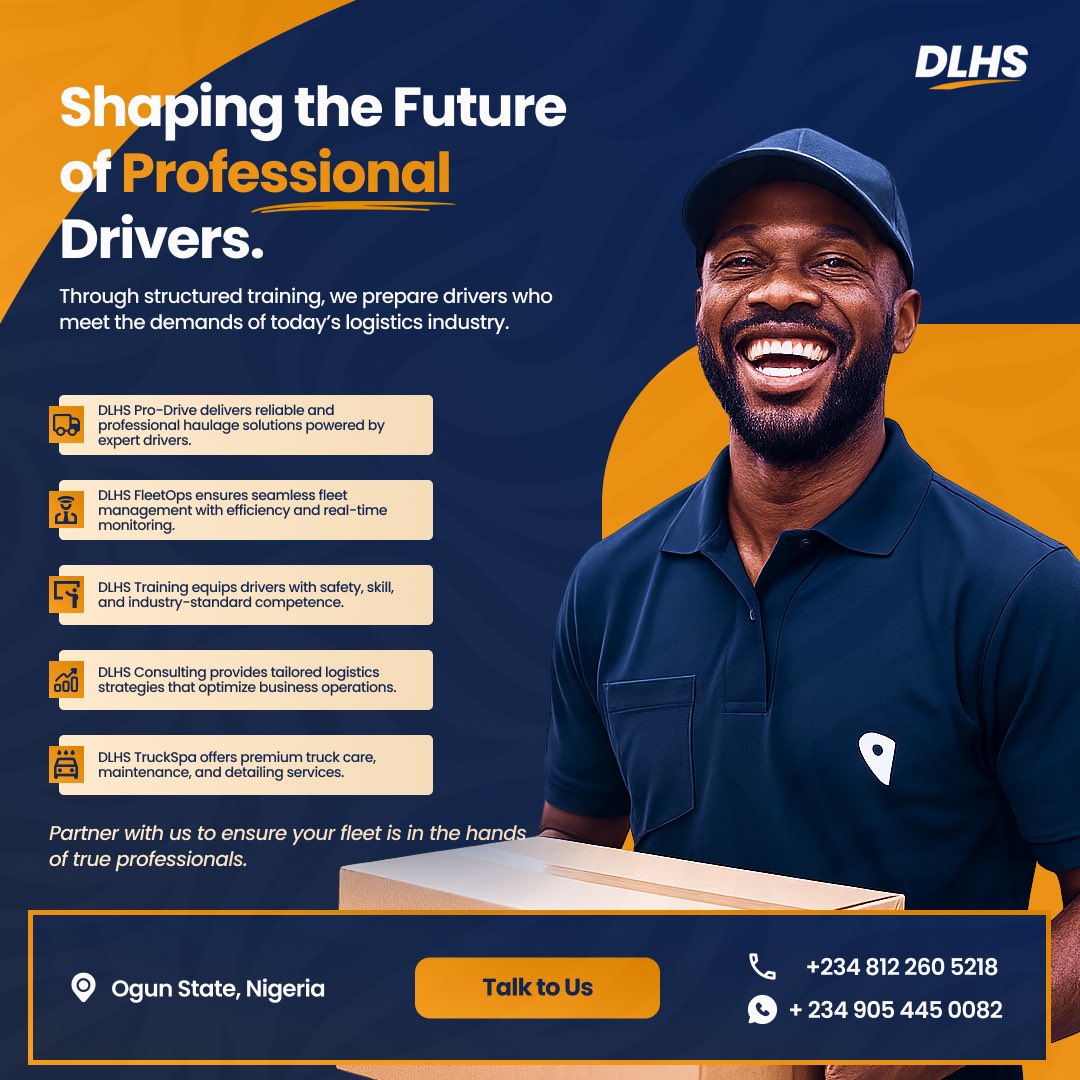 dlhs_official's tweet image. At DLHS, we’re training &amp;amp; placing the next generation of ProDrivers — young, skilled, and respected.
👉 Apply now: dlhslogistics.com

#DLHS #ProDriver #Nigeria #YouthEmpowerment