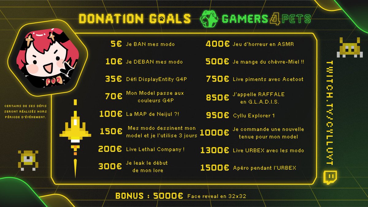 ✨ COUCOU ICIII !! ✨
Voici mes donation goals pour cette édition de Gamers 4 Pets !
Ces différents défis &amp; happenings qui rythmeront nos lives pendant cette édition 💛💚
On se retrouve Mercredi 24 Septembre sur ma chaîne Twitch : twitch.tv/cylluvt