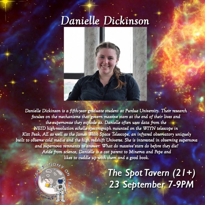 AoT_CoA's tweet photo. Our second speaker will be Danielle Dickinson from @PurduePhysAstro! Danielle studies supernova to determine what happens to massive stars before their death. https://t.co/FAik3RmWqN