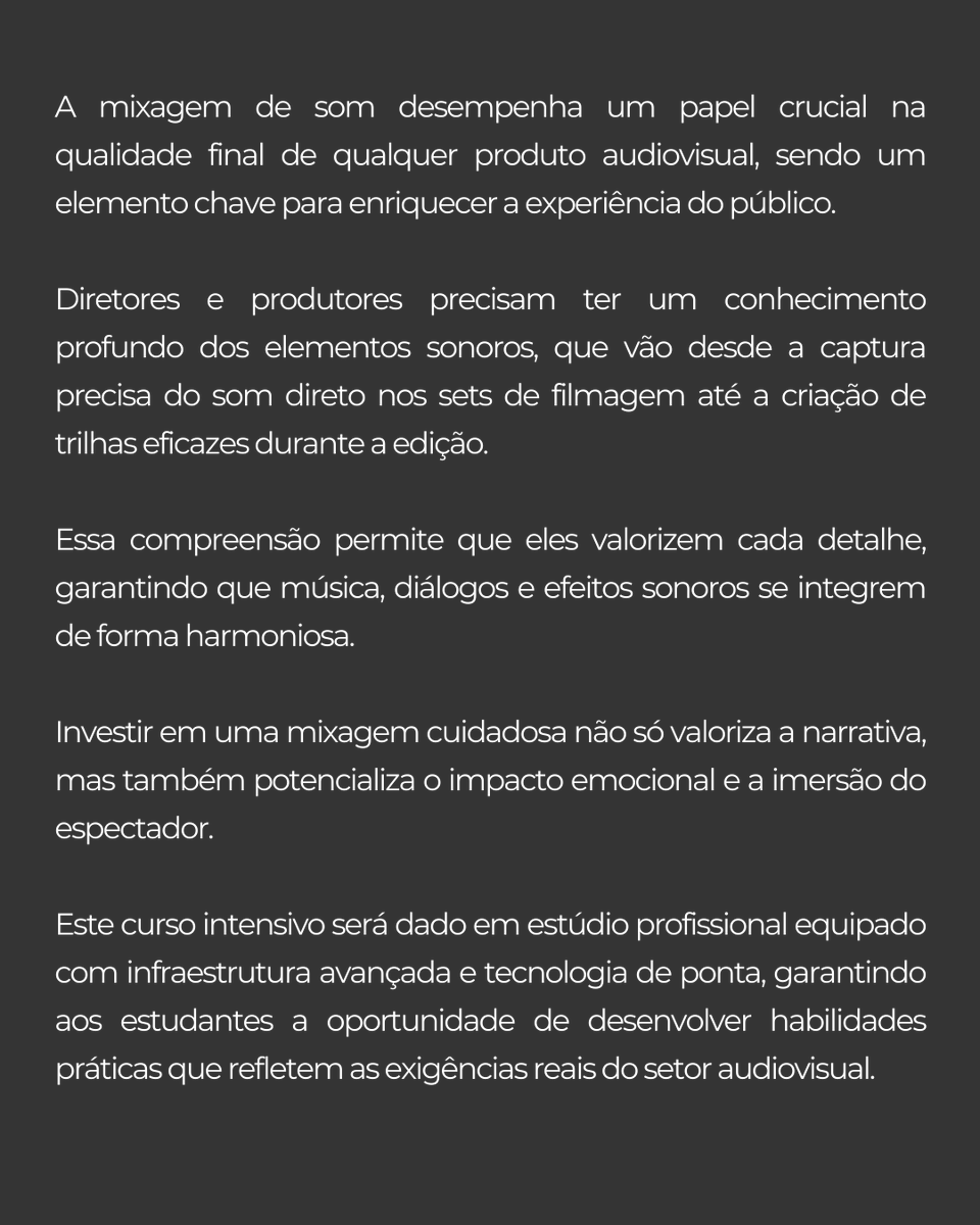 abccursos_'s tweet photo. Nova data para o Curso MIXANDO O SOM DO FILME NA PRÁTICA, com P.C. AZEVEDO, iniciando no dia 11 de outubro

Participe do Encontro de Apresentação do Curso no dia 30 de Setembro, às 19h se inscrevendo no formulário na Bio

Matricule-se pelo link na bio
https://t.co/Ww19NNVD5O https://t.co/5Hq4G4Xwgm