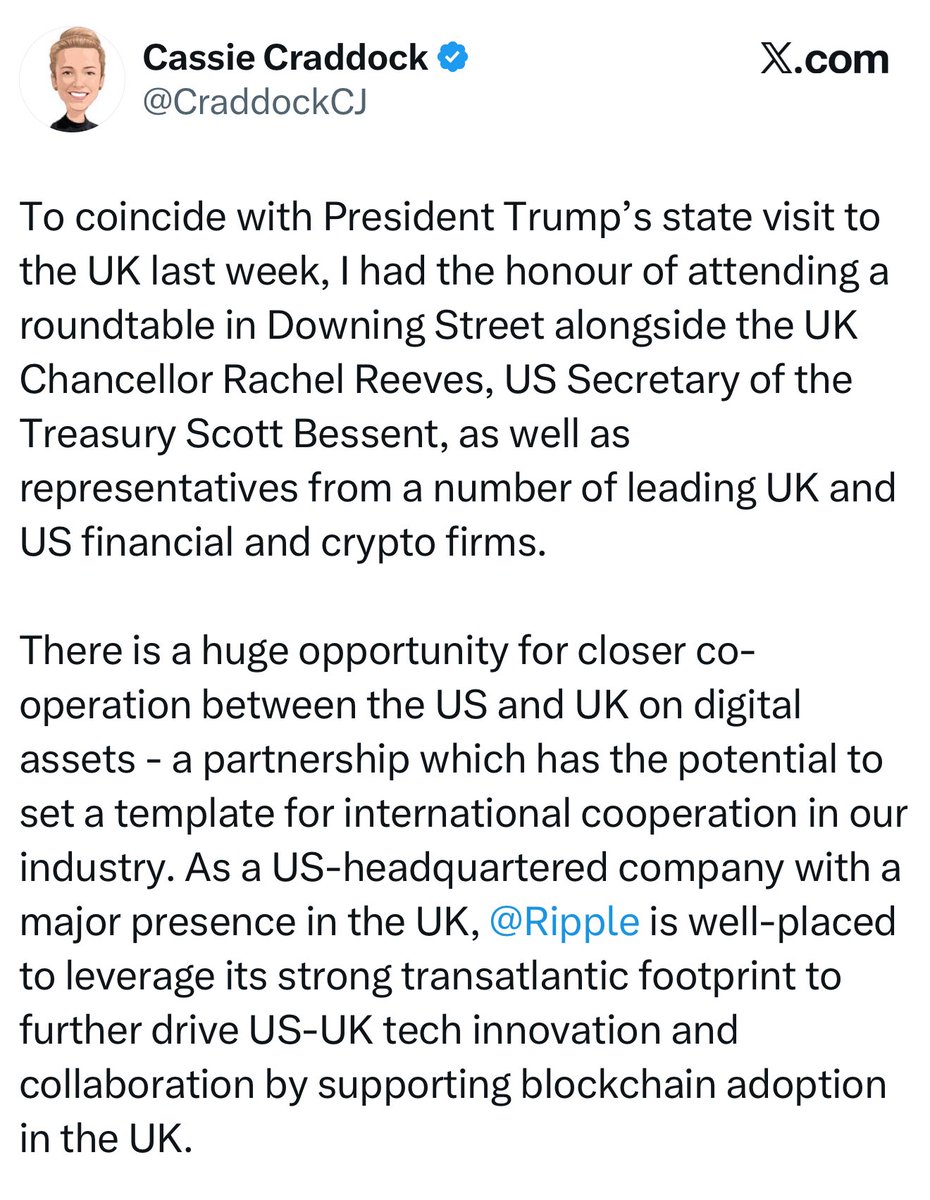 🚨BREAKING: Managing Director at <a href="/Ripple/">Ripple</a> - Cassie Craddock says: “Ripple is well-placed to leverage its strong transatlantic footprint to further drive US-UK tech innovation and collaboration by supporting blockchain adoption in the UK.” #XRP