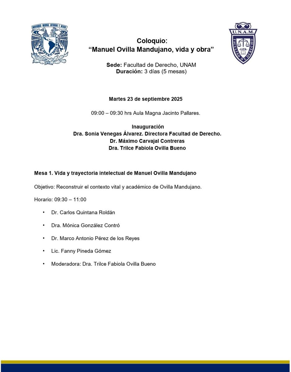 En el marco de la Cátedra extraordinaria Manuel Ovilla Mandujano 2025, les invito a la inauguración mañana en <a href="/DerechoUNAMmx/">Facultad de Derecho</a> <a href="/UNAM_MX/">UNAM</a>
