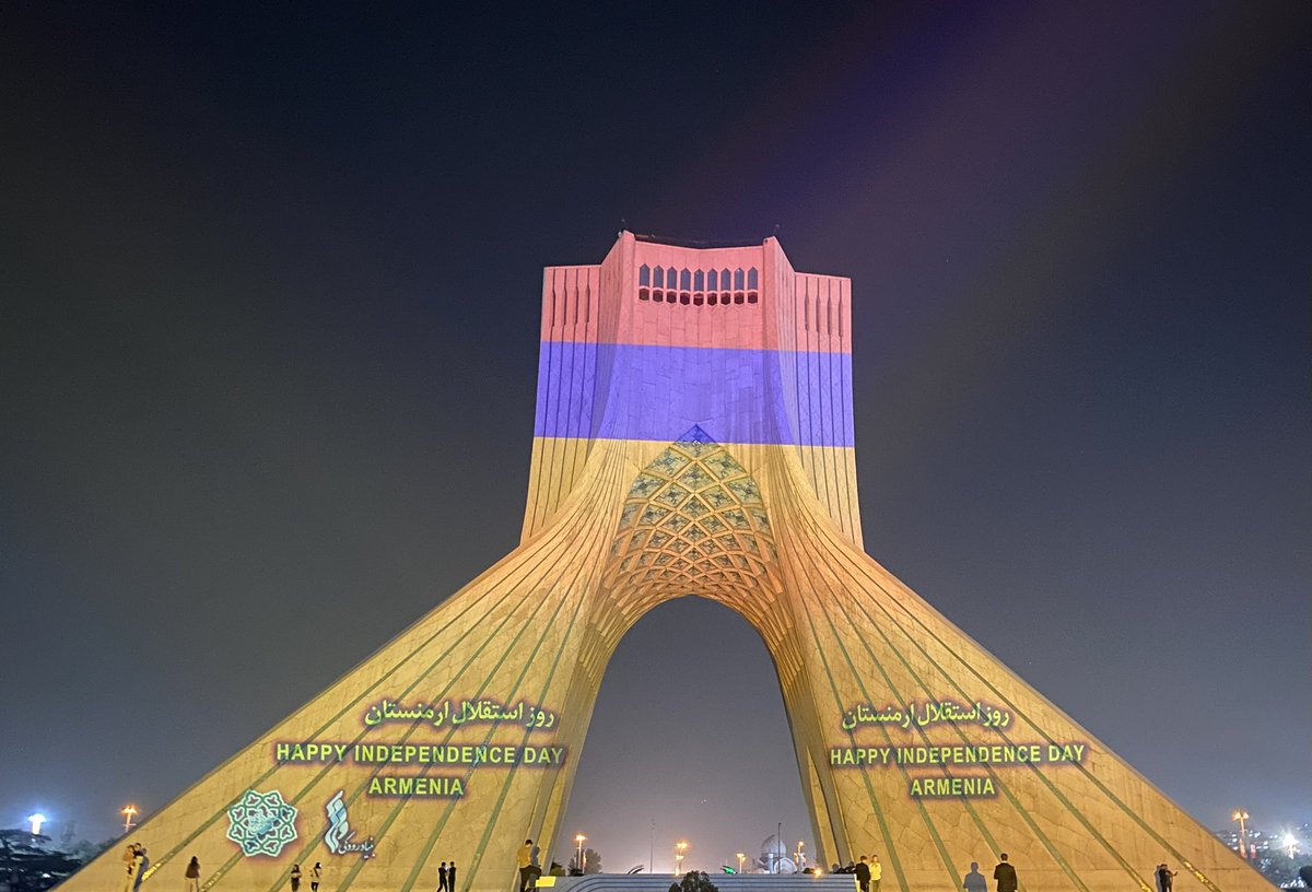 ArmEmbassyIR's tweet photo. 🇦🇲 On the occasion of the 34th anniversary of the Independence of the Republic of #Armenia, Tehran’s Azadi Tower was illuminated in the colors of the Armenian flag, accompanied by the national anthem of Armenia. https://t.co/aSZnCV3PoX