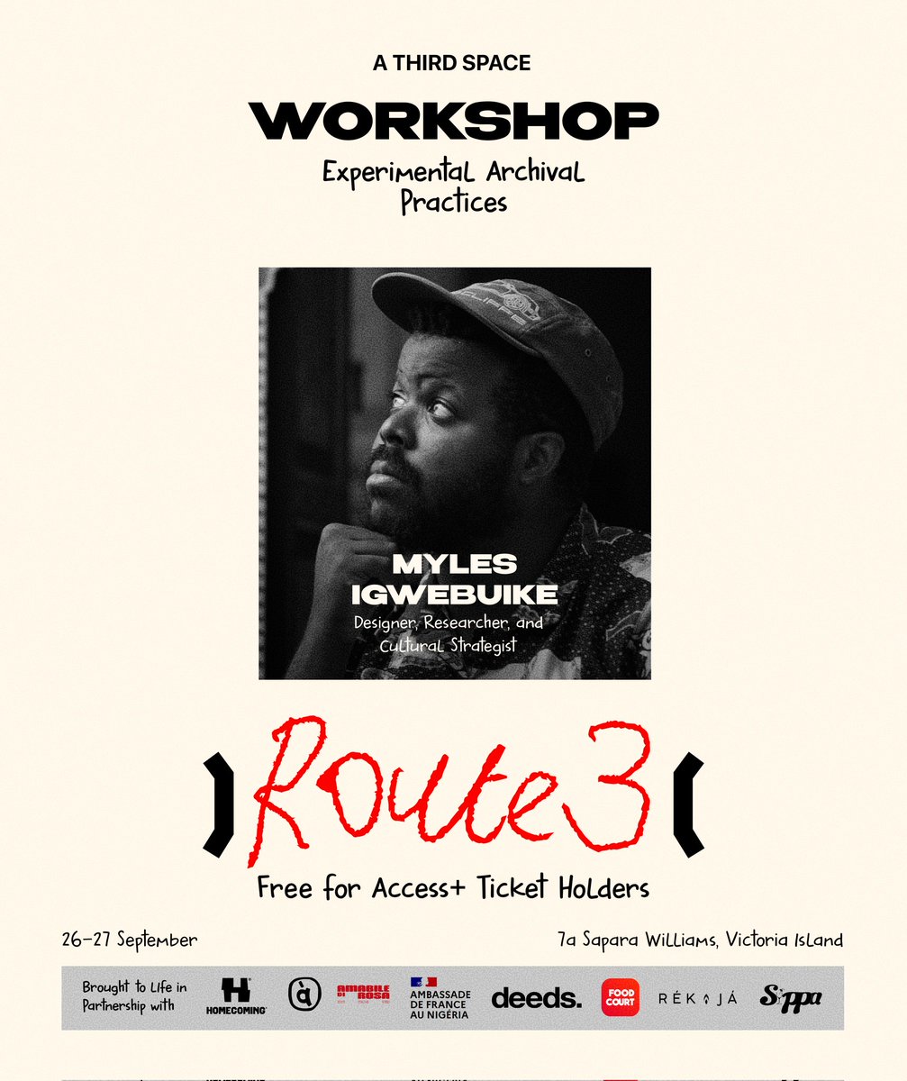 <a href="/mylesigwe/">Myles Igwebuike</a> practice shifts through forms to revive and engage with the past in inventive and brilliantly experimental ways. 

Come and experience Myles' Micro-lab — part workshop, part lecture — at Route 3! 

Grab a ticket here:
athirdspace.selar.com/route3?fbclid=…

Photo credit: Tim Latin.