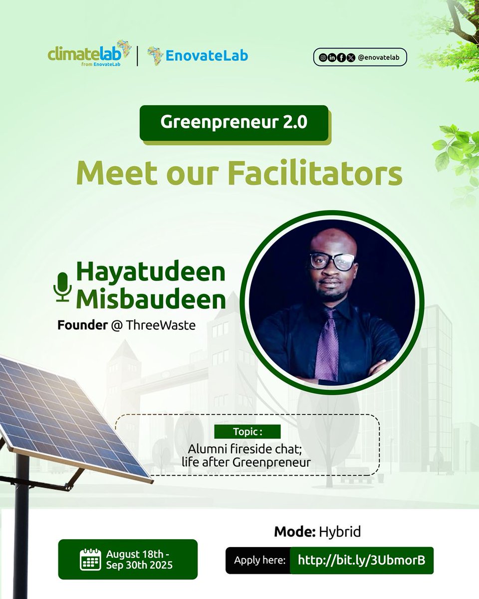 Meet our amiable &amp; capable facilitator for #Greenpreneur Incubation program 2.0

 Hayatudeen Mustapha is the founder of EnviroSensi &amp; ThreeWaste, a  changemaker &amp; innovator driving climate education, advancing  sustainability &amp; community empowerment across Africa.
