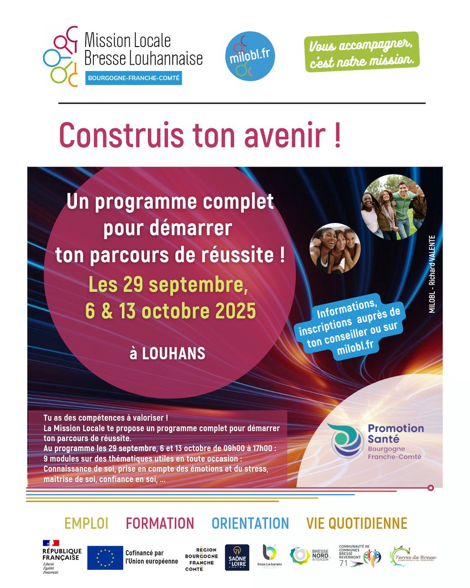 jeunesmilobl's tweet photo. Des compétences à valoriser ?
La Mission Locale te propose un programme complet pour démarrer les parcours de réussite.
Les 29 septembre, 6 et 13 octobre de 09h00 à 17h00 :
9 modules sur des thématiques utiles en toute occasion : Connaissance de soi, ...   https://t.co/3AshZDDGFj https://t.co/nfqnsHltJN