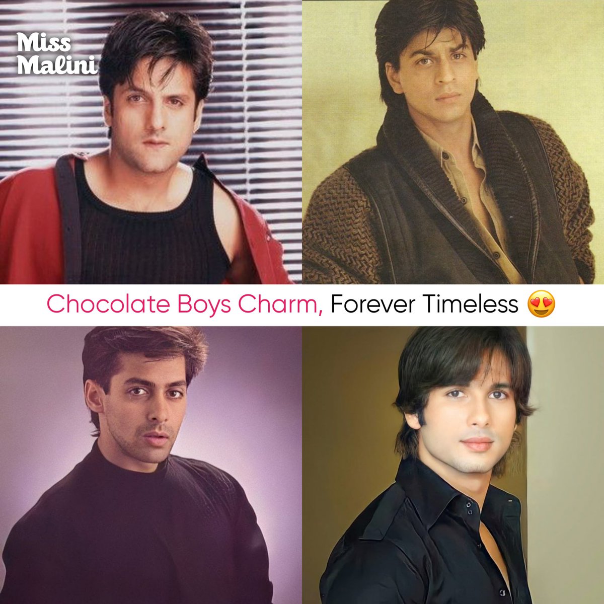 When love stories had puppy eyes, shy smiles, and a whole lot of sweetness before the swagger took over! 💖

#missmalini 
#ShahidKapoor #FardeenKhan #SalmanKhan #ShahRukhKhan