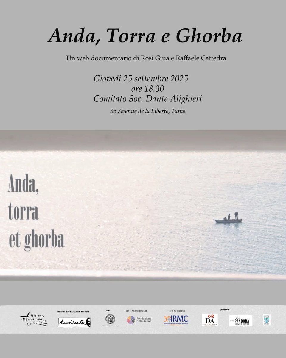 Proiezione del web-doc “Anda, Torra e Ghorba",  25/9 alla Dante Alighieri di Tunisi. Storie di migrazione, memoria e identità. Un percorso coinvolgente tra le due sponde del Mediterraneo, tra passato e presente, tra Tunisia, Sardegna e altri luoghi del mondo.
<a href="/ItalyinTunisia/">Italy in Tunisia</a>