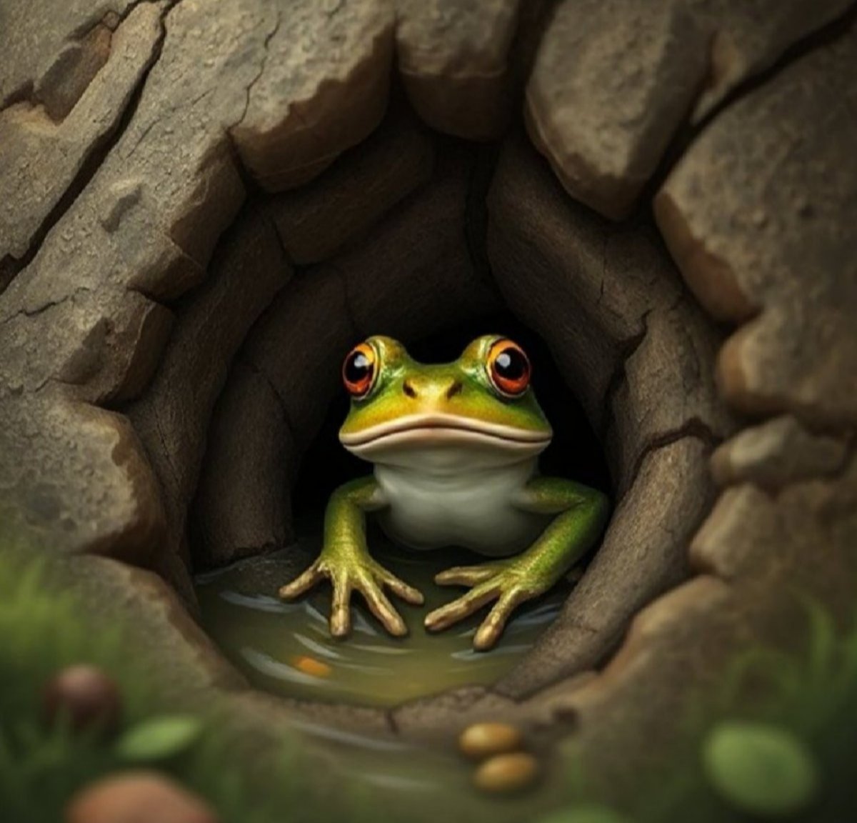 穴から顔をのぞかせる緑のカエル、ミームコインのribbit holeを象徴