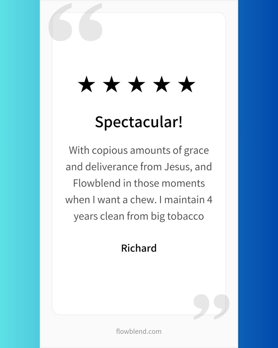 FlowBlend's tweet image. 🚫 Nicotine? Not Anymore.
These aren’t paid actors. Just real people, real wins.
From Zyn to dip to the daily chew, FlowBlend helped them cut the cord—for good.
⭐ 5-Star Taste
💥 0 Nicotine. 0 Tobacco.
⚡ High-performance blends that actually work.
👉 Whether you&apos;re quitting…