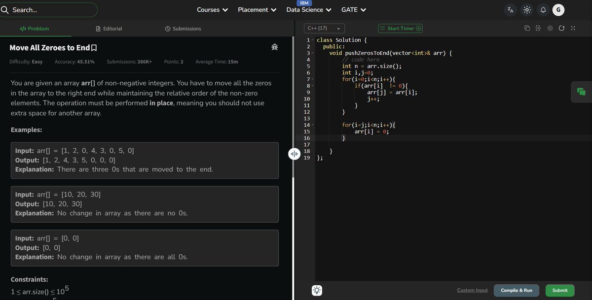 codewithGenZ's tweet image. Day 81🚀: #100daysofcode : #GeeksforGeeks
Today i solved problem on #GFG
-Zeroes to end
-Reversing Arr
#CPP_language #100daysofchallenge #codinglife #LearnInPublic #learnprogramming #programmer #coder #CodingJourney #codewithGenZ #BuildYourself #Hackathon #Genius #ProblemSolving
