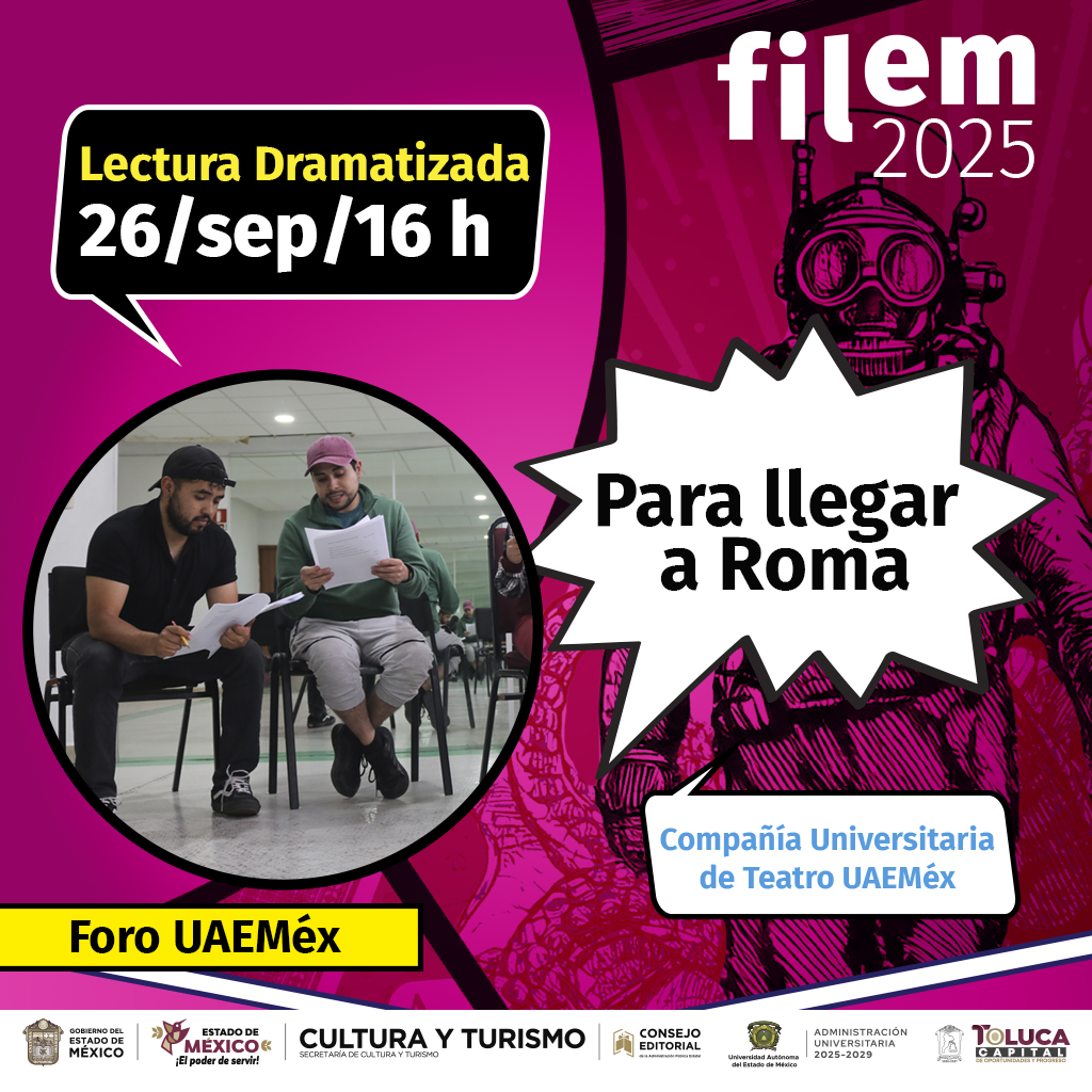 La #Filem2025 está a la vuelta de la esquina, asiste el viernes 26 de septiembre a las 16 horas al Foro UAEMéx y disfruta de la lectura Dramatizada “Para llegar a Roma”

<a href="/UAEM_MX/">UAEMéx</a> <a href="/CulturaEdomex/">Secretaría de Cultura y Turismo</a> <a href="/TolucaGob/">Ayuntamiento de Toluca</a>