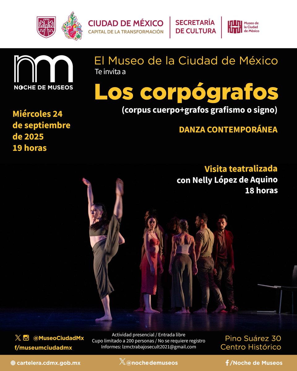 #NocheDeMuseos| Cada movimiento es una huella, cada gesto una emoción. Los  Corpografos danza nos invitan a ver el cuerpo humano como nunca antes: un signo abstracto lleno de emociones y memoria

ENTRADA LIBRE SIN REGISTRP
📅Miércoles 24 de septiembre, 18 h
#DanzaContemporanea