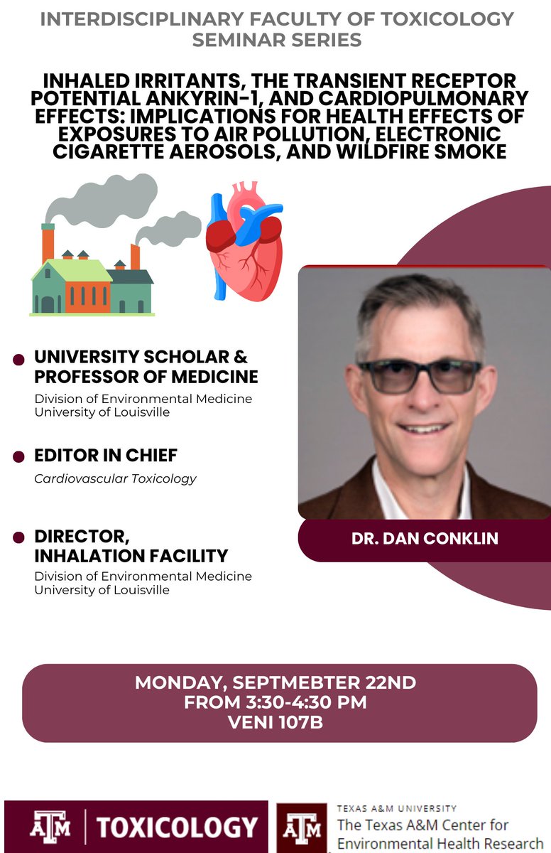 Join us today in VENI 107B at 3:30pm for a seminar with Dr. Dan Conklin! <a href="/tamuvetmed/">Texas A&M VetMed</a> #Toxicology #Environmentalhealth