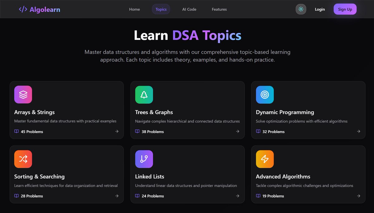 Mayank_754's tweet photo. Day 3  
the UI is getting spicier by the day 🌶️
📚 topic page just dropped and it's absolutely sending me 
📷browse topics like Arrays, Strings,Stack,Dp.
📷#Algolearn said "let me organize your coding journey" and i'm here for it. https://t.co/YC9JjA7407