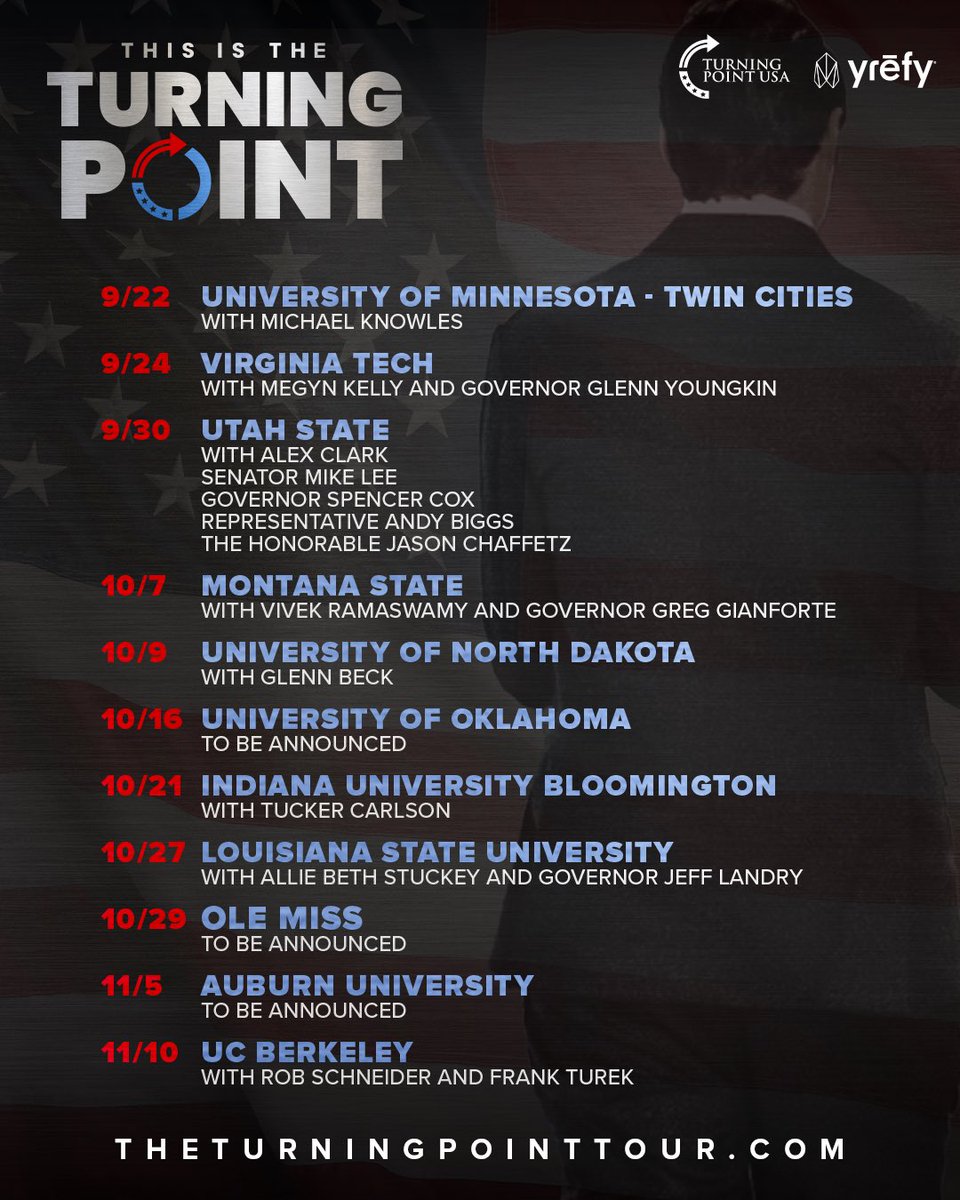 Breaking911's tweet photo. BREAKING: Turning Point USA announces dates for fall campus tour 🔥 https://t.co/mkJPrqZFzv