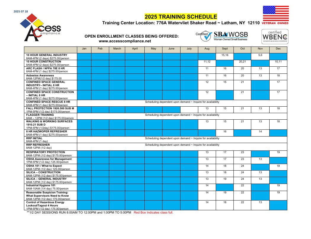 Check out our schedule for current open-enrollment classes for the remainder of this year!
Contact us if you are needing a different class or date. info@accesscompliance.net ; 518-782-2200

accesscompliance.net/trainingschedu…